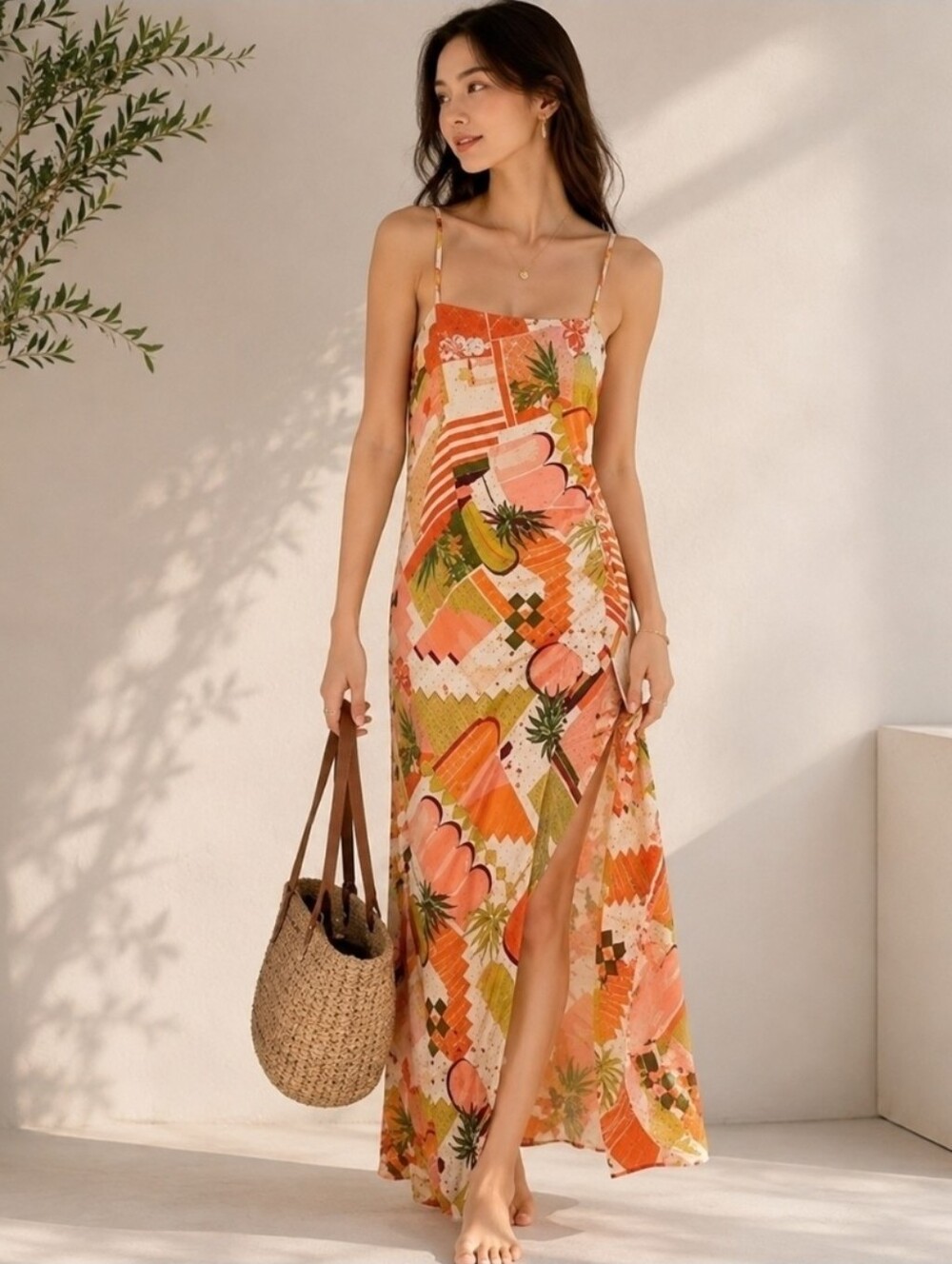 House of Harlow 1960 x REVOLVE Tropical Print Ruched Slip Maxi Dress Size M